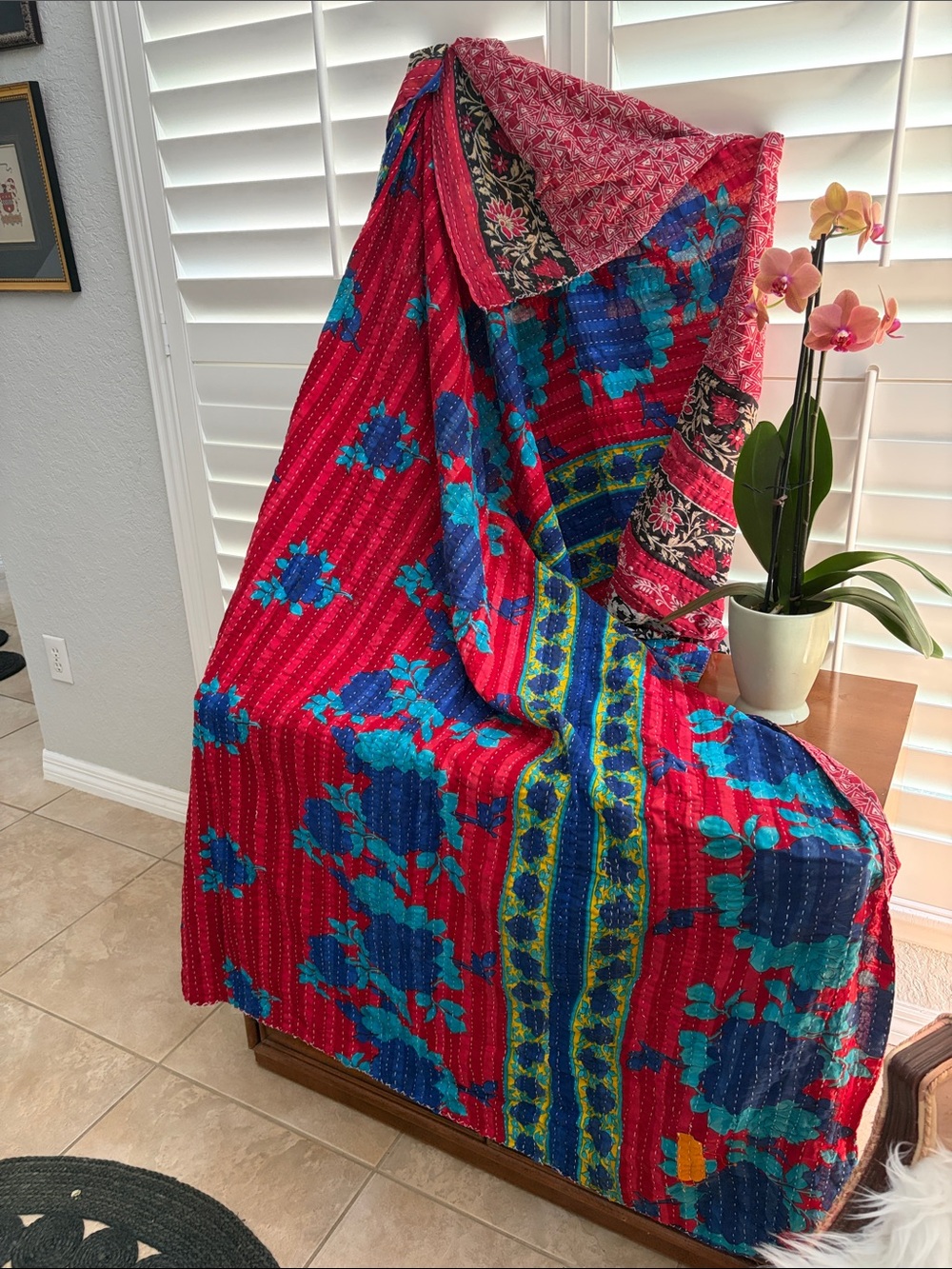 Vibrant Floral Kantha Throw in Red & Blue hand stitched